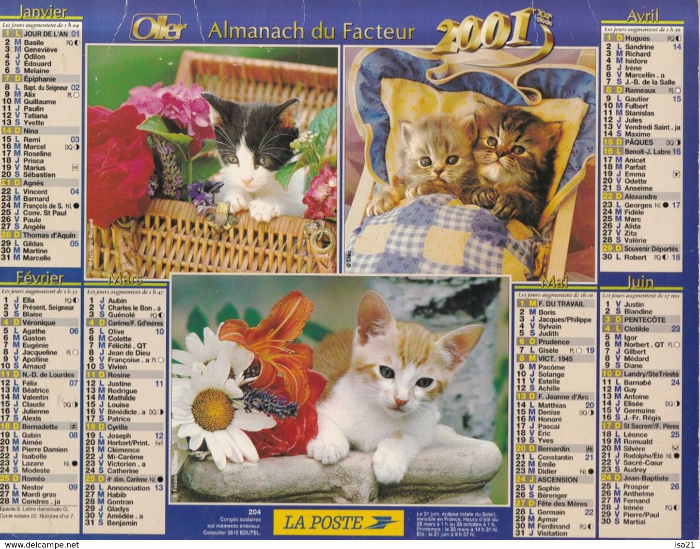 Calendrier De La Poste, Almanach Du Facteur: NORD, 2001: Chiots Et Chatons, Ed. Oller - Grand Format : 2001-...