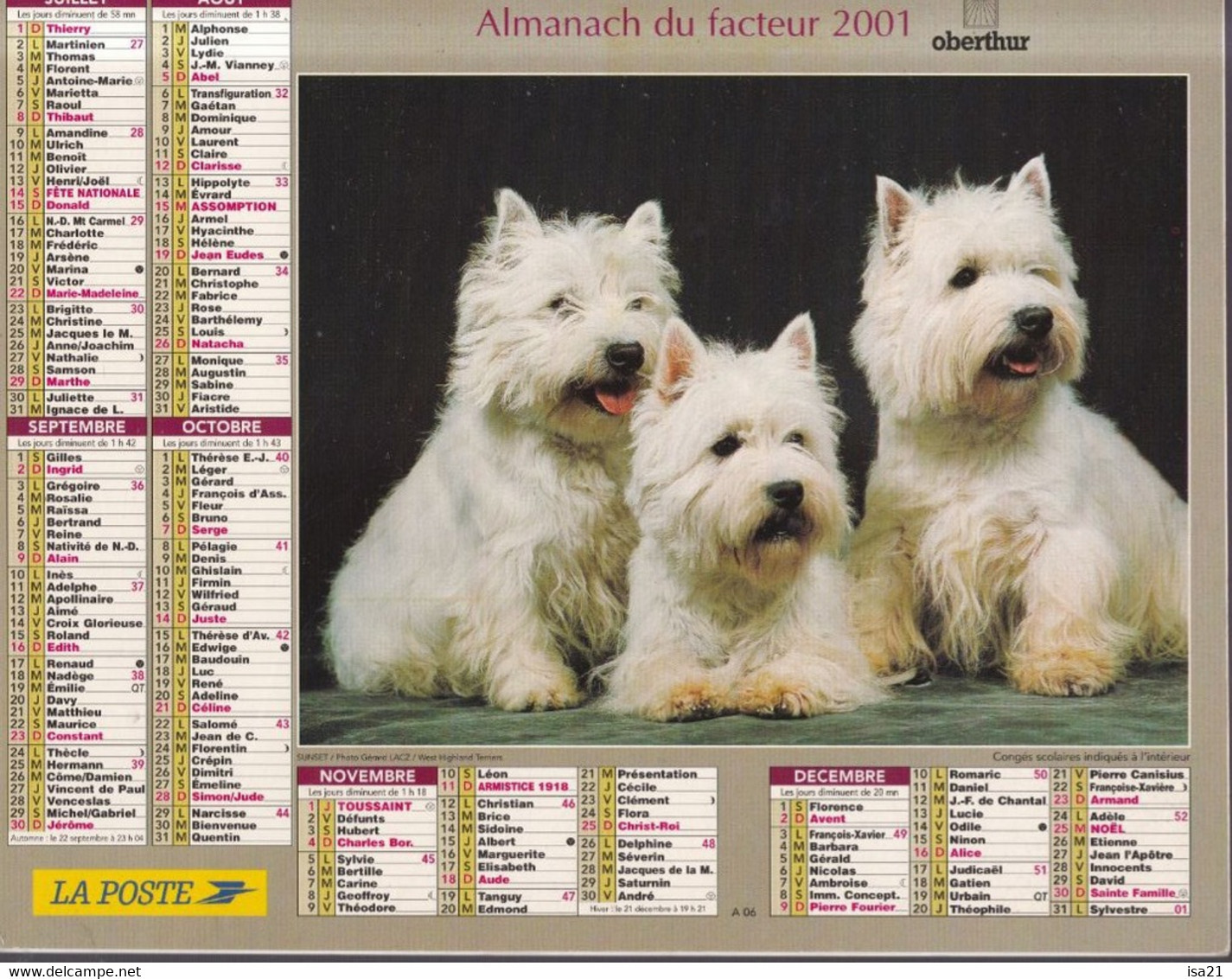 Calendrier De La Poste, Almanach Du Facteur: 2001, MEURTHE Et MOSELLE: West Highland Terriers, Bergers A  , Ed. Oberthur - Grand Format : 2001-...