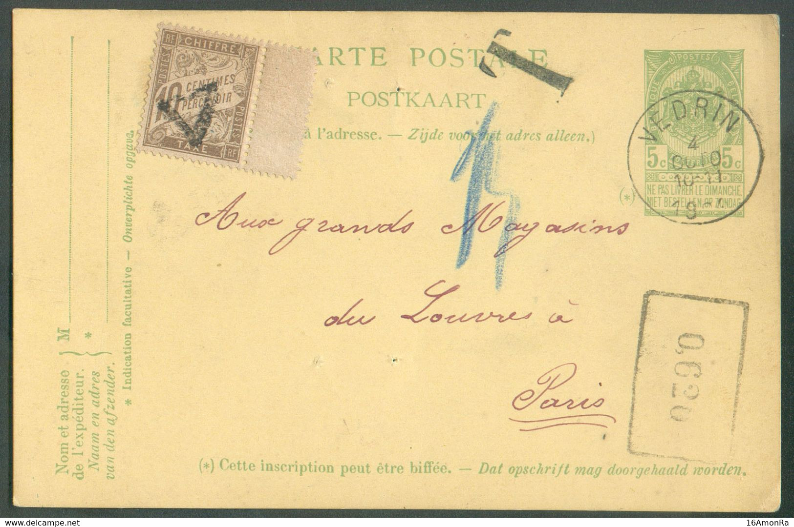 E.P. Carte 5 Centimes Vert Obl. Sc VEDRIN 4 Octobre 1904 Vers Paris, Griffe 'T' Et Taxe De 10 Centimes (T-Tx Annulé V) + - Postcards 1871-1909