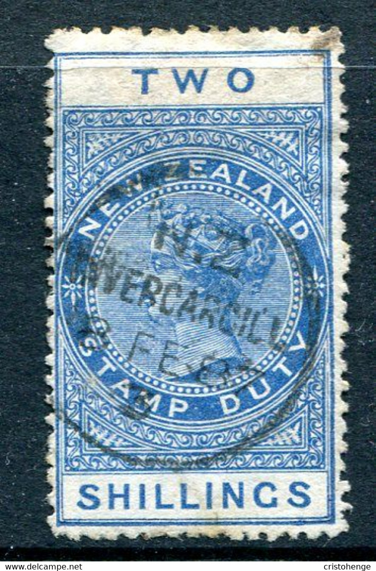 New Zealand 1882-1930 QV Longtype Fiscal Revenue - P.12½ - Wmk. 7mm - 2/- Blue Postally Used (SG F34) - Fiscaux-postaux