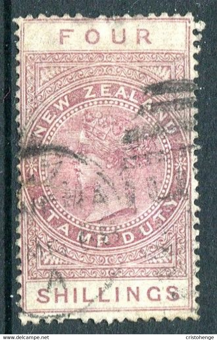 New Zealand 1882-1930 QV Longtype Fiscal Revenue - P.12½ - Wmk. 7mm - 4/- Brown-rose Postally Used (SG F37) Sealed Tear - Post-fiscaal