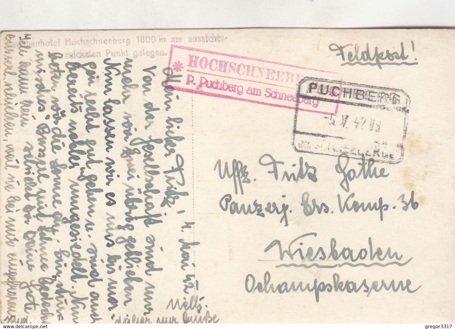 B4165) Eisenbahnhotel HOCHSCHNEEBERG - Gel. Feldpost PUCHBERG - 5.5.1942 - Schneeberggebiet