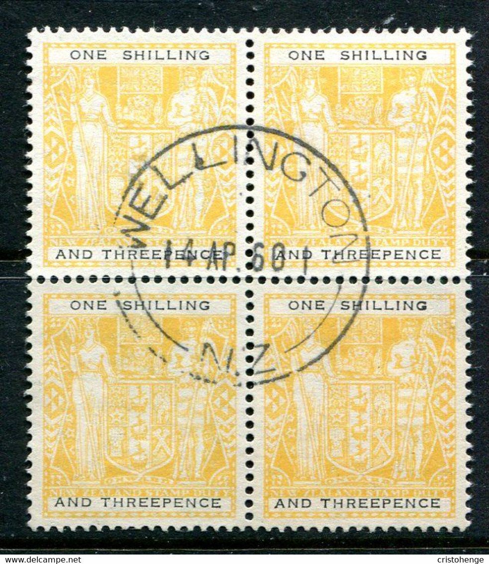 New Zealand 1940-58 Arms Type Fiscal Revenue - Mult. Wmk. Up. - 1/3 Yellow & Black Block Used (SG F192aw) - Postal Fiscal Stamps
