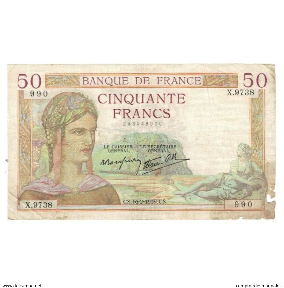 France, 50 Francs, Cérès, 1939, X.9738 990, TB, Fayette:18.22, KM:85b - 50 F 1934-1940 ''Cérès''