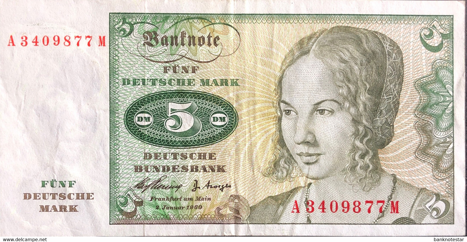 Germany 5 Deutsche Mark, P-18 (2.1.1960) - Very Fine - Serie A - 5 DM