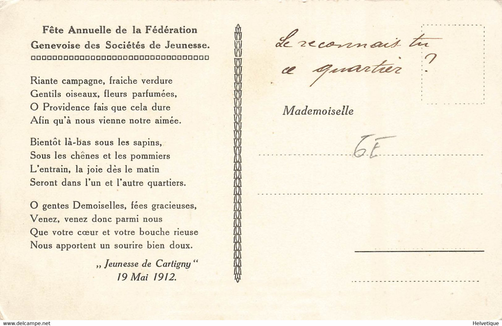 Fête Annuelle à Cartigny 1912 Fédération Genevoise Des Sociétés Der Jeunesses De La Rive Gauche - Animée Genève - Cartigny