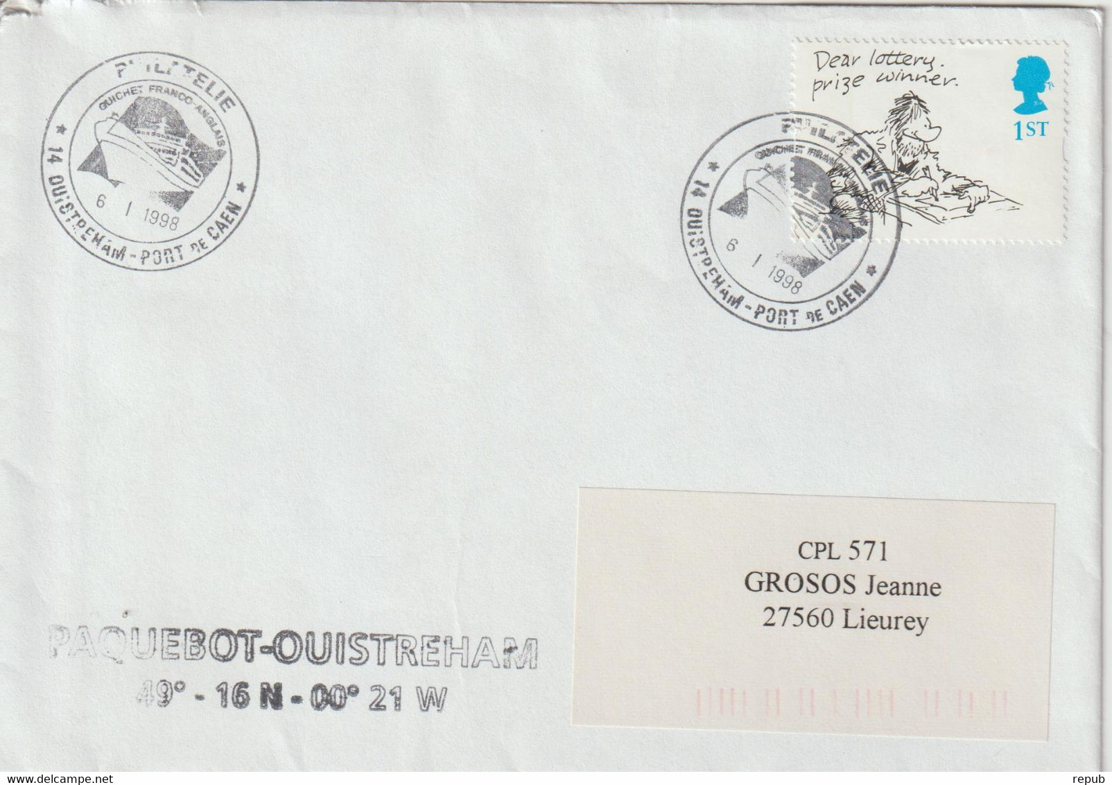 Paquebot Ouistreham Avec Timbre Anglais Oblitération Ouistreham Port De Caen 1998 - Correo Marítimo