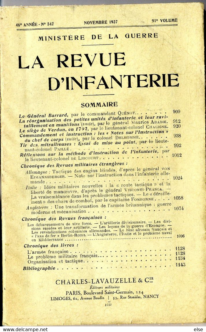 LA REVUE D INFANTERIE  NOVEMBRE 1937  -  PAGES  909 A 1143  -  BROCHE 234 PAGES N° 542 - Français