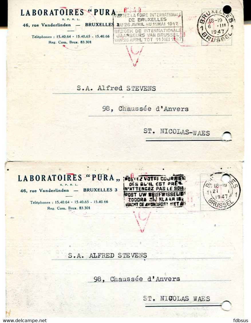 1947 3 Kaarten Van PURA Laboratoires Bruxelles 3  Naar Sint Niklaas - Ref 81 - ...-1959