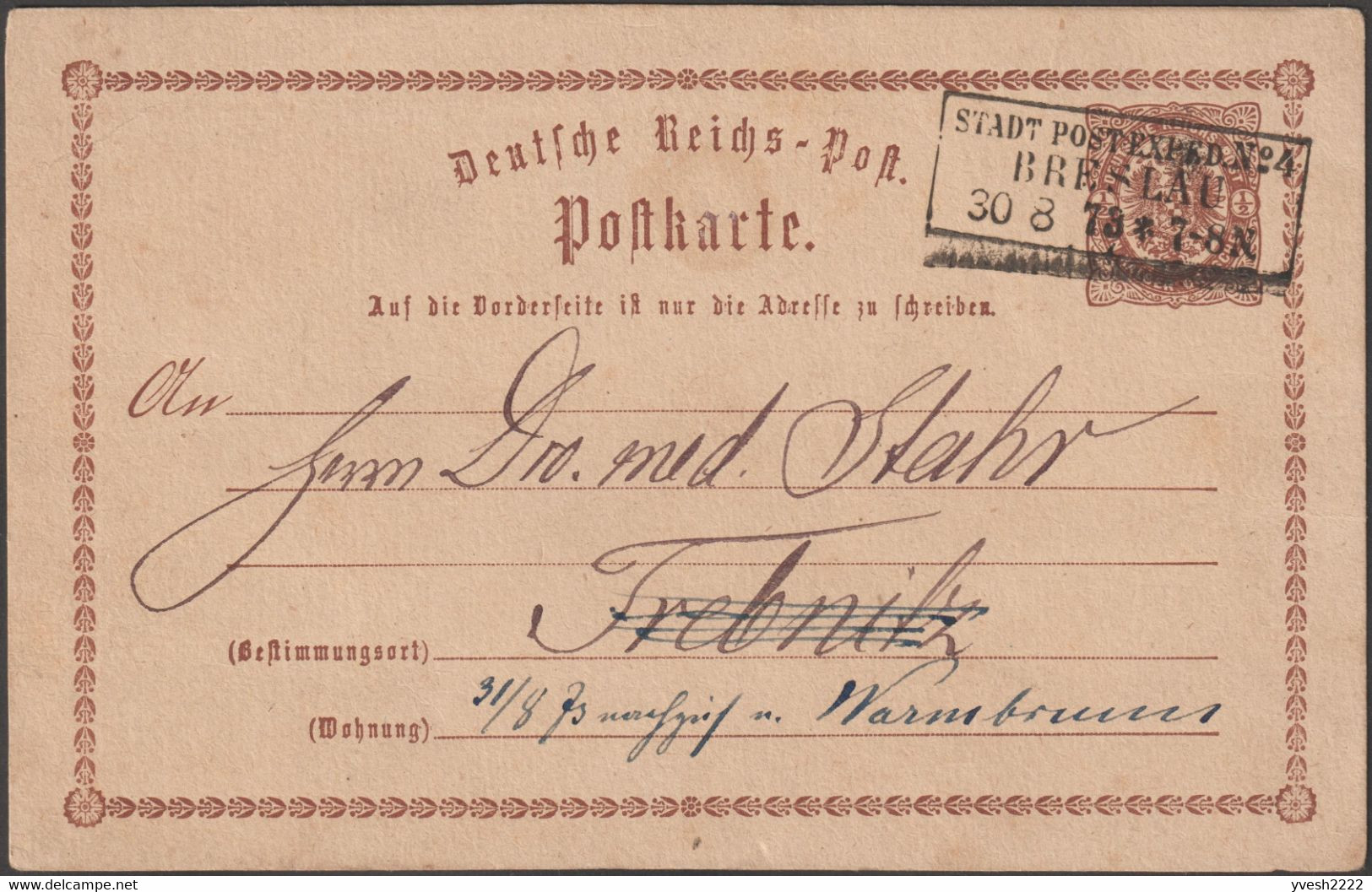 Pologne / Allemagne 1873. Entier Postal Oblitéré Stadt Post Exped. N° 4 - Breslau 30 8 73  7-8 N  Wrocław - Frankeermachines (EMA)