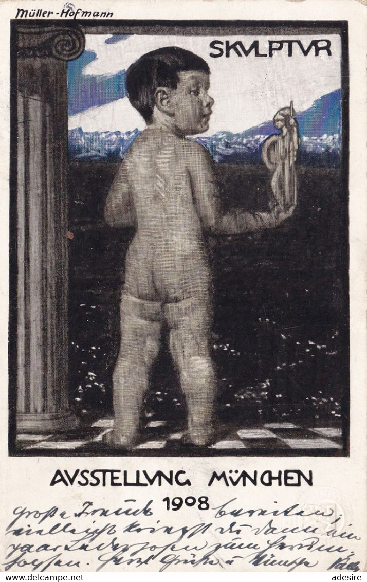 AUSSTELLUNG MÜNCHEN 1908 - SKULPTUR Künstlerkarte V. Müller-Hofmann Amtl.Ausstellungskarte Gel.K.H.V.G, Gel. 1908 V. ... - Mueller, August - Munich