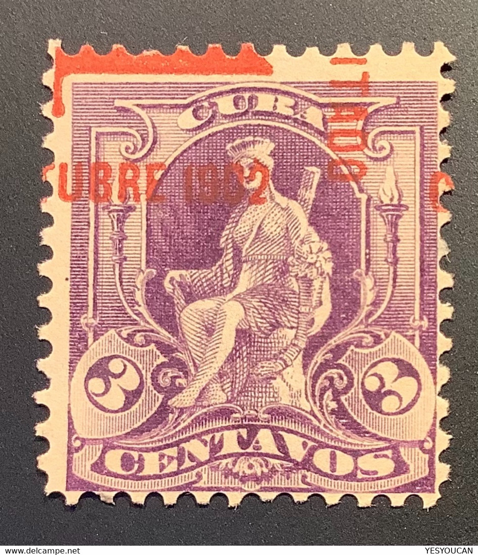 Cuba Republic Scott 232b RARE VARIETY SURCHARGE SIDEWAYS 1902 1c On 3c Purple Unused (*) GUARANTEED GENUINE - Nuovi