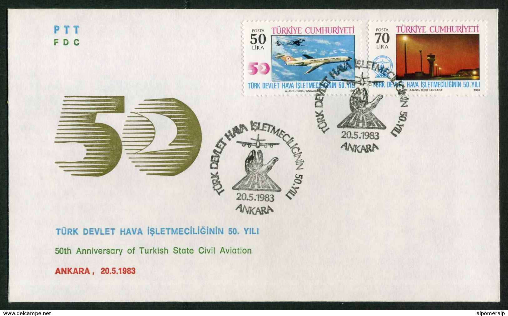 Türkiye 1983 Turkish State Civil Aviation, 50th Anniverary | Plane, Jet, Airport, Aircraft, Airlines Mi 2634-2635 FDC - Cartas & Documentos