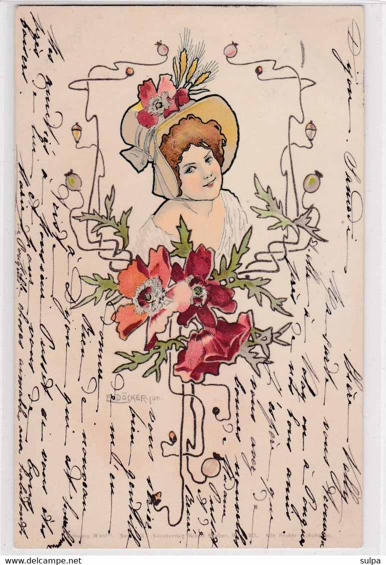 E. Döcker, Jun. Art Nouveau, Carte Signée : Femme Et Fleurs "Schwere Wahl) - Doecker, E.