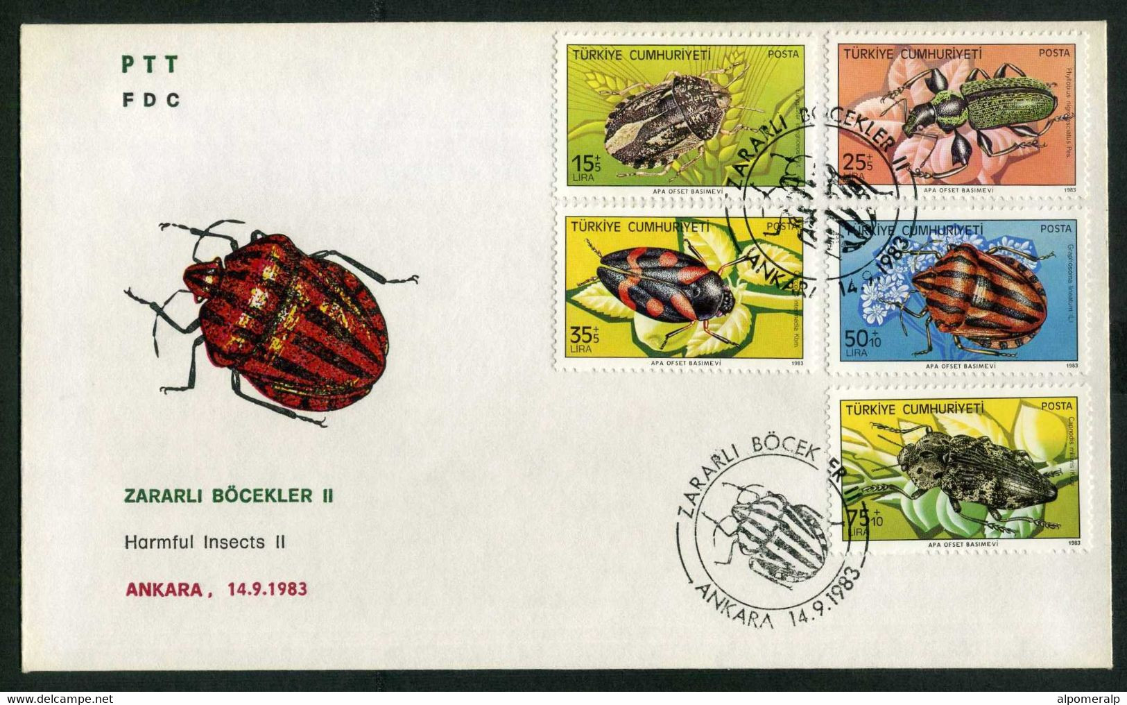 Türkiye 1983 Harmful Insects II | Sunn Pest, Weevil, Frog Hopper, Striped Stink Bug, Jewel Beetle Mi 2651-2656 FDC - Cartas & Documentos