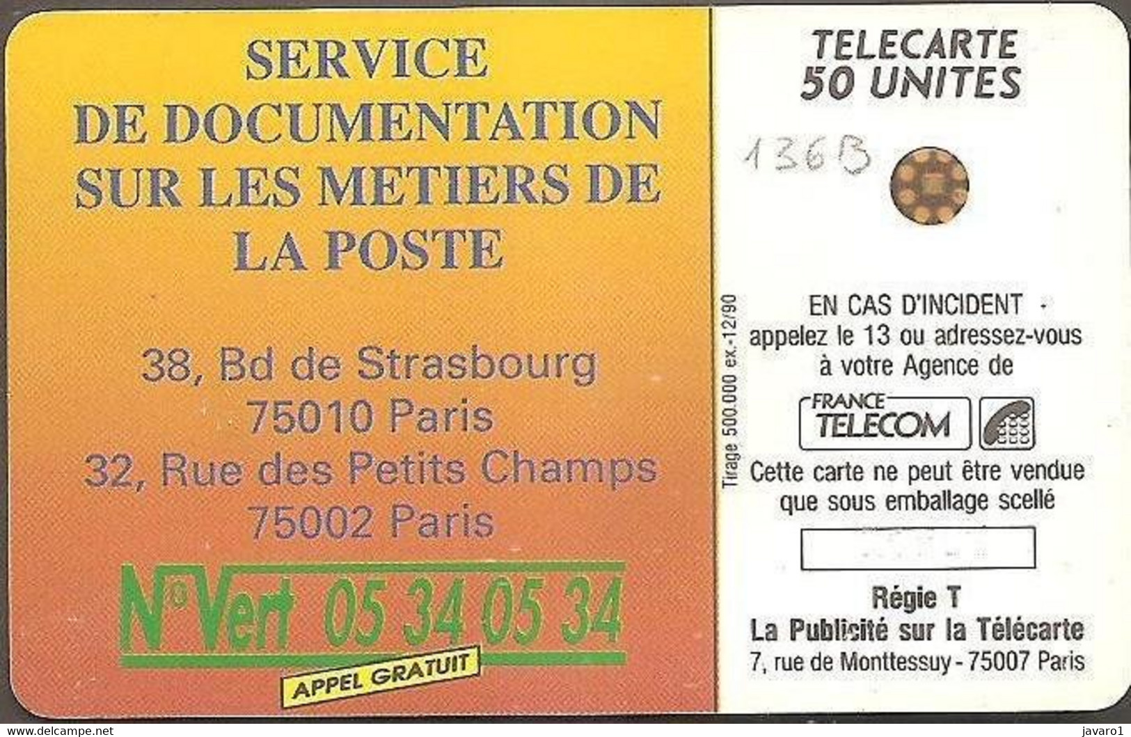 F0136B  50 La Poste ( Batch: 21436) USED - 1990