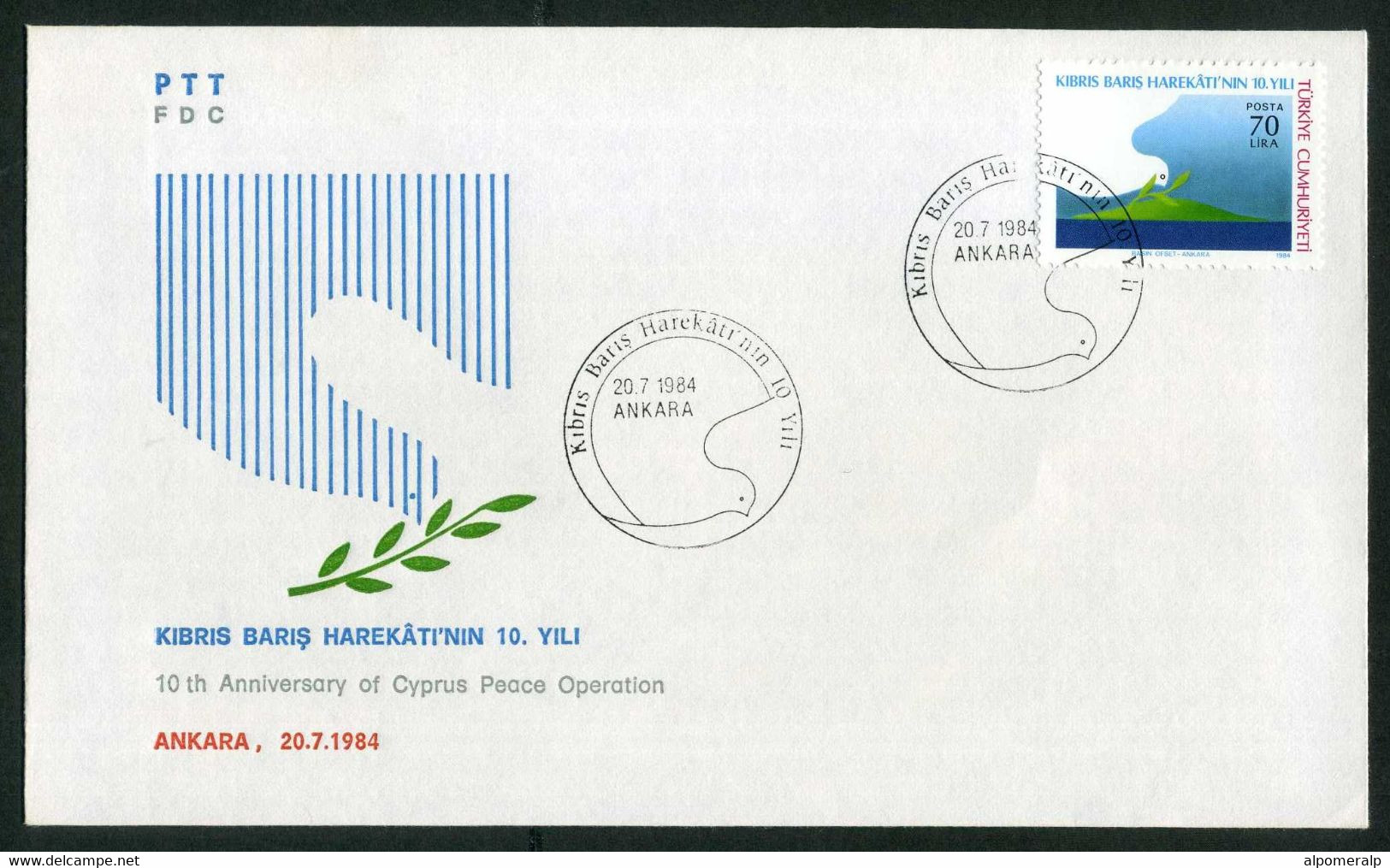 Türkiye 1984 Cyprus Peace Operation, 10th Anniversary | Peace Dove, Pigeon, Bird Mi 2677 FDC - Lettres & Documents