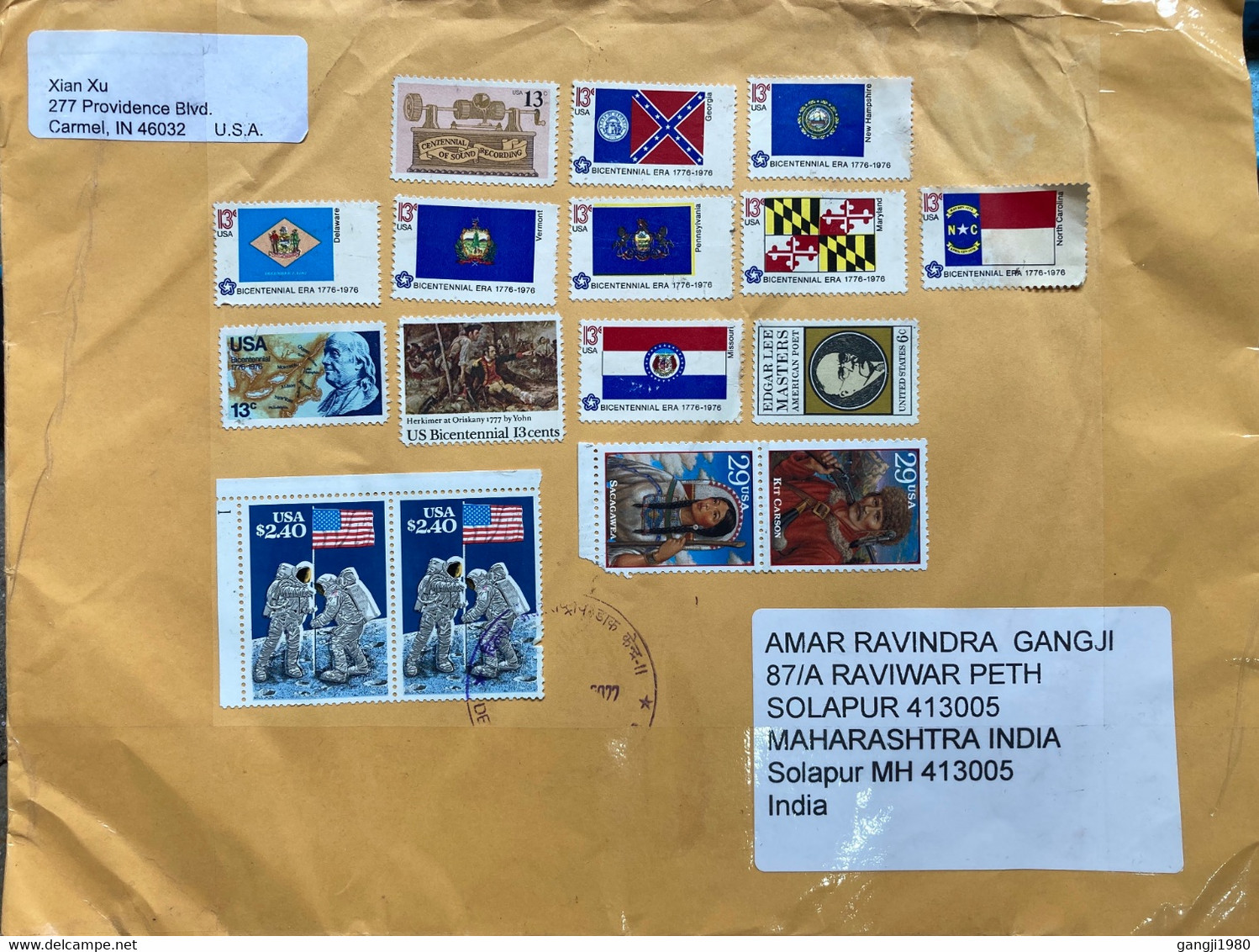 USA 2022, PAINTING,FLAG,MAN ON MOON, POET KIT CARSON ,SACAGAWEA ,16 DIFFERENT STAMPS !!! LOOK ! USED COVER TO INDIA - Covers & Documents
