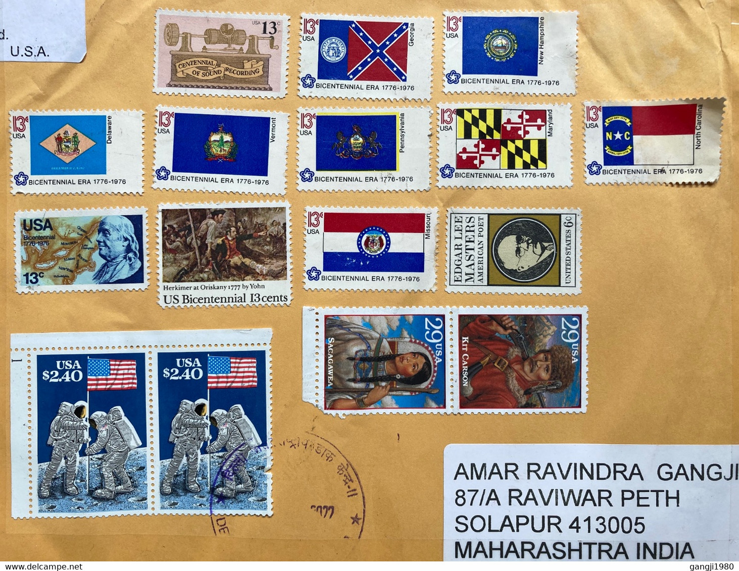 USA 2022, PAINTING,FLAG,MAN ON MOON, POET KIT CARSON ,SACAGAWEA ,16 DIFFERENT STAMPS !!! LOOK ! USED COVER TO INDIA - Brieven En Documenten