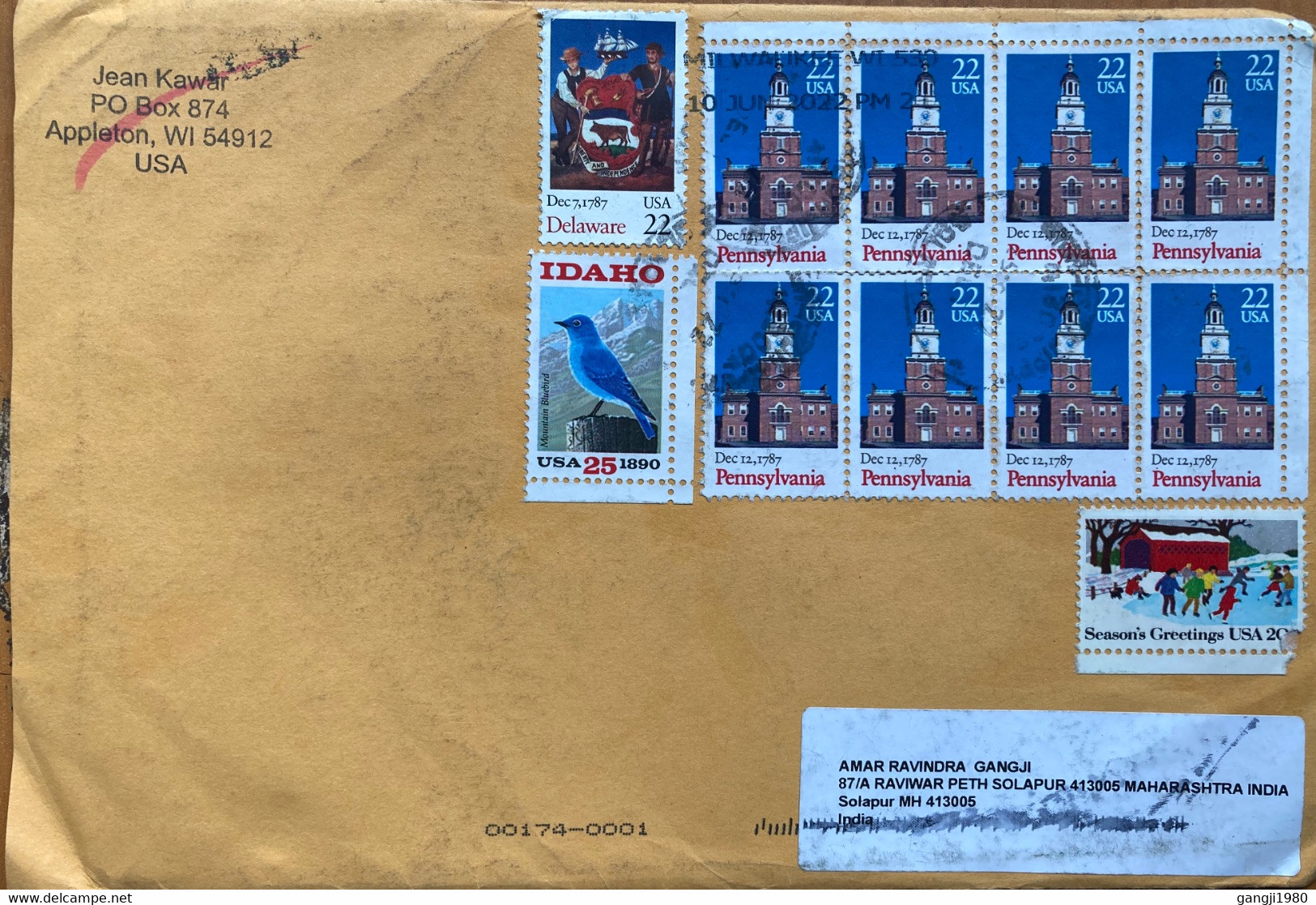 USA 2022, BUILDING,ARCHITECTURE,BIRD ,SHIP, BULL,COSTUME,CHRISTMAS,VACATION,CHILDREN ENJOY! 10 STAMPS USED COVER TO INDI - Lettres & Documents