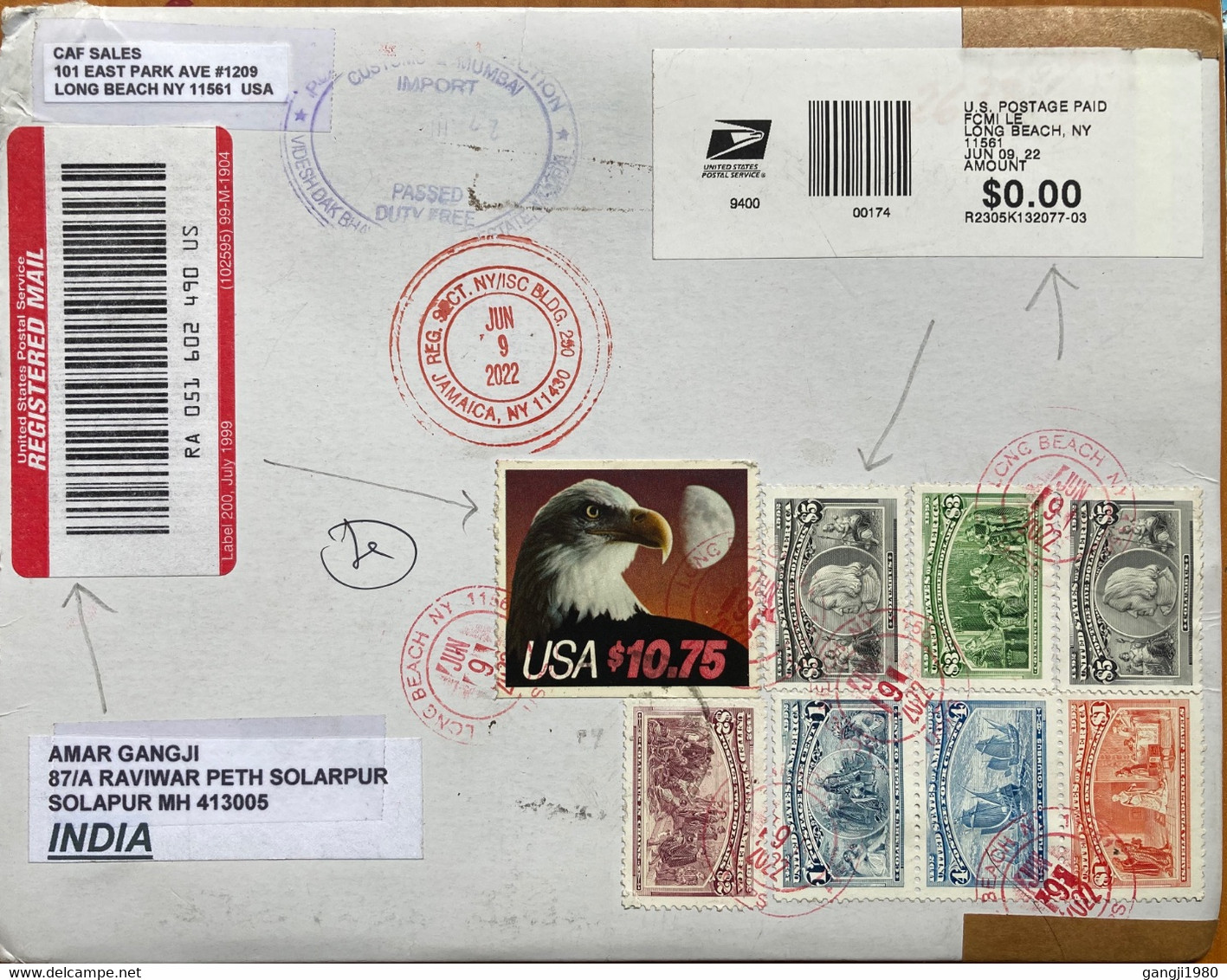 USA 2022, HIGH VALUE,1 TO 10 $ BIRD EAGLE ,COLUMBUS,26 $ F.VALUE STAMPS USED, REGISTER COVER TO INDIA, CUSTOM  HANDSTA - Lettres & Documents