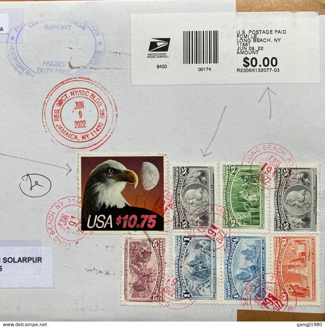 USA 2022, HIGH VALUE,1 TO 10 $ BIRD EAGLE ,COLUMBUS,26 $ F.VALUE STAMPS USED, REGISTER COVER TO INDIA, CUSTOM  HANDSTA - Lettres & Documents