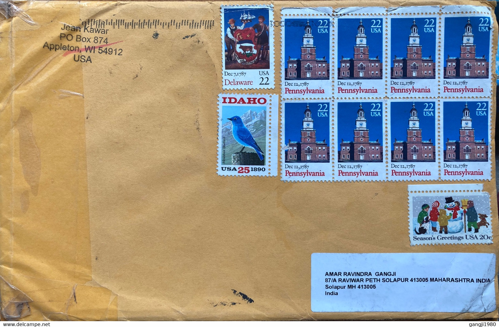 USA 2022, BUILDING IN PENNSYLVANIA CITY,BIRD ,DELAWARE COSTUME,SHIP,CHRISTMAS CHILDREN,DOG ,SANTA CLAUS , STAMP USED COV - Lettres & Documents