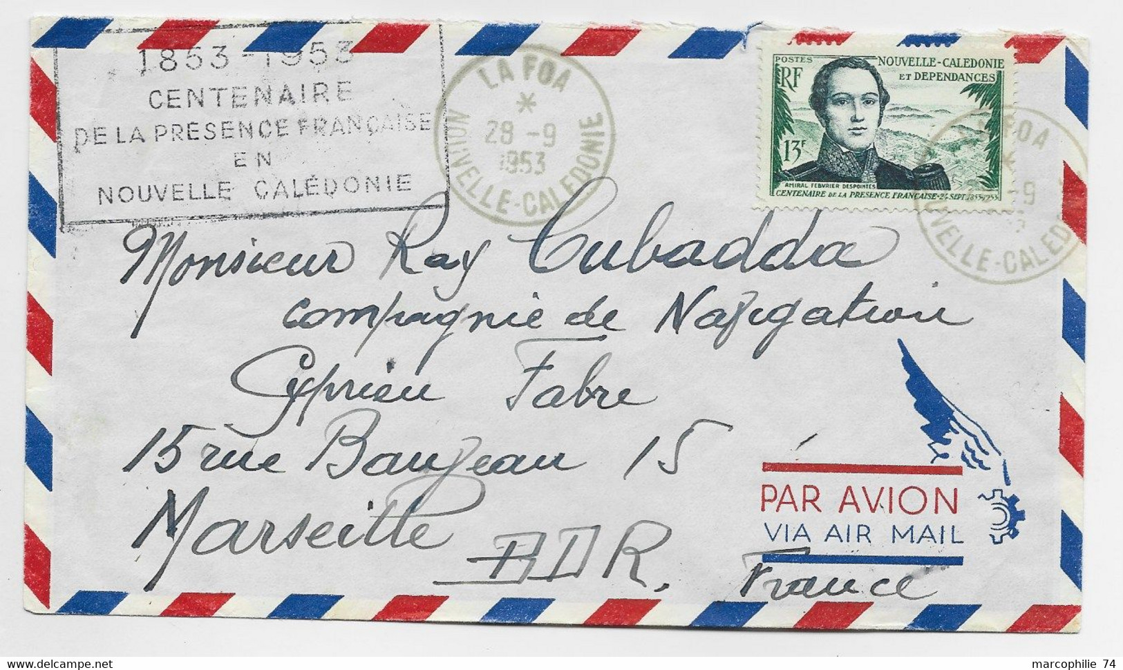 NOUVELLE CALEDONIE 13FR LETTRE COVER AVION LA FOA 28.9.1953 + GRIFFE CENTENAIRE - Lettres & Documents
