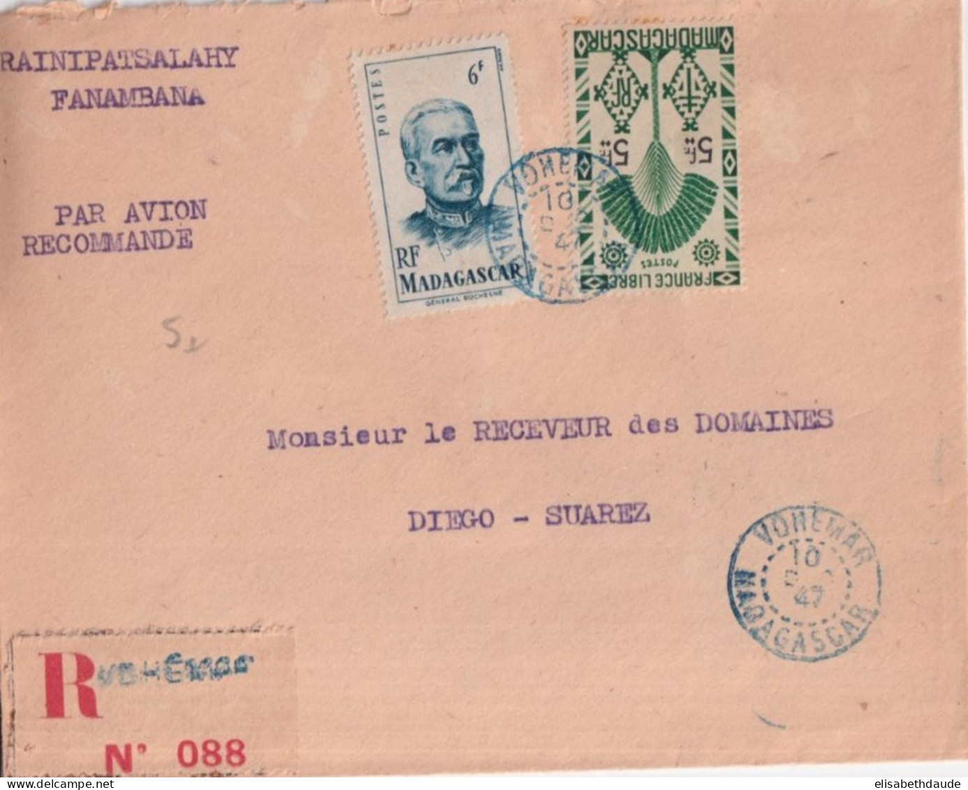 MADAGASCAR - 1947 - ENVELOPPE RECOMMANDEE De VOHEMAR => DIEGO-SUAREZ - Cartas & Documentos