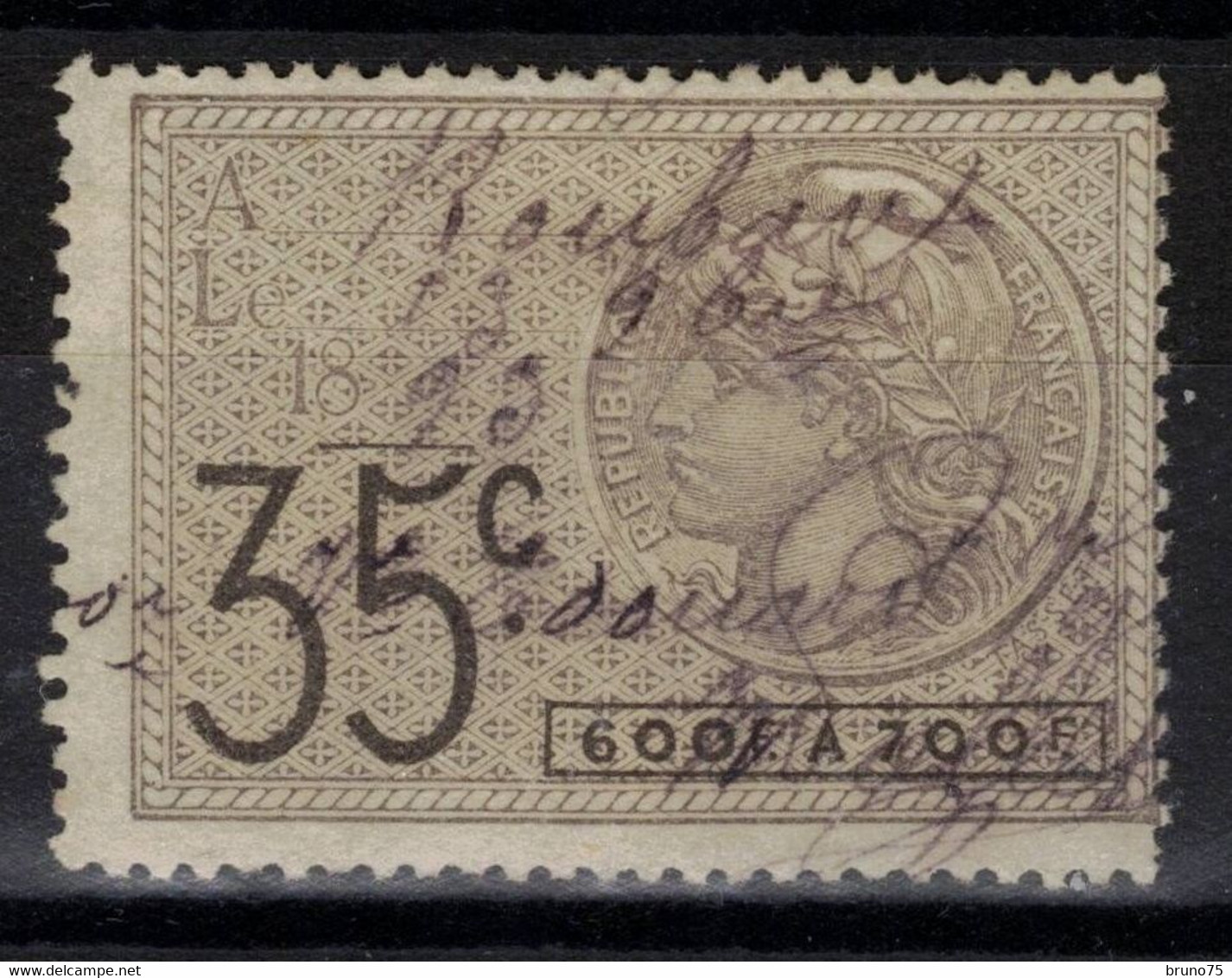 Timbre Fiscal Pour Effets De Commerce Type Tasset 35c 600 à 700 F Oblitéré 1893 - Timbres