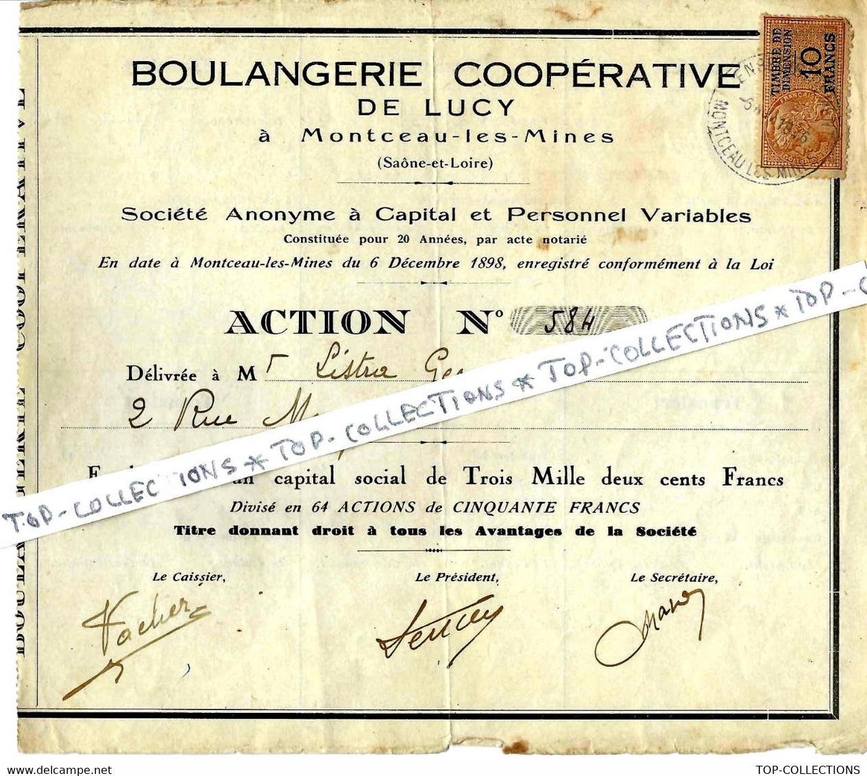 1898 MINES INDUSTRIE RARE ACTION BOULANGERIE COOPERATIVE DE LUCY Montceau Les Mines Saone Et Loire  Au Nom De Listra - Mijnen