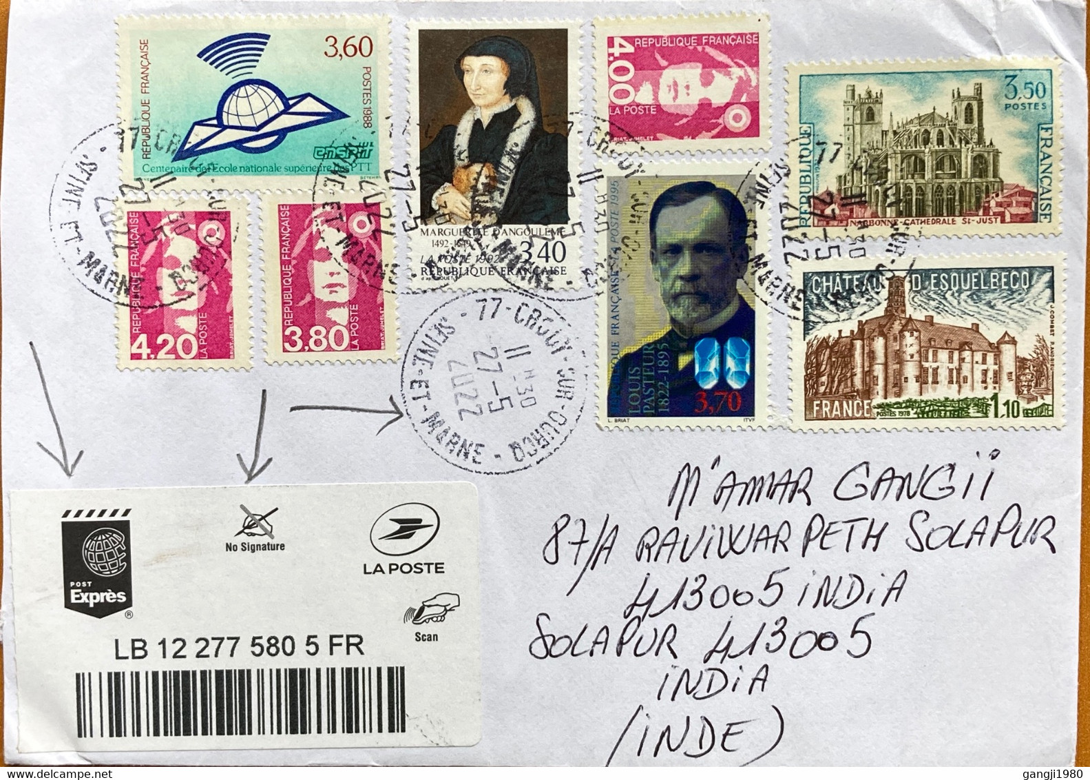 FRANCE 2022, HEALTH,LOUIS POSTEUR, QUEEN MARGUERITE DANGOULEME ,8 STAMPS ,BUILDING,ARCHITECTURE,GLOBE, EXPESS POST NO S, - Covers & Documents
