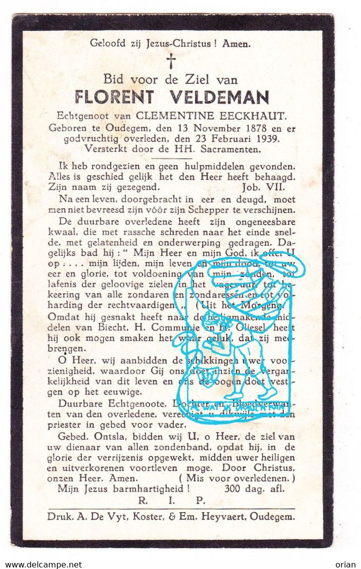 DP Florent Veldeman ° Oudegem Dendermonde 1878 † 1939 X Clementine Eeckhaut - Devotieprenten