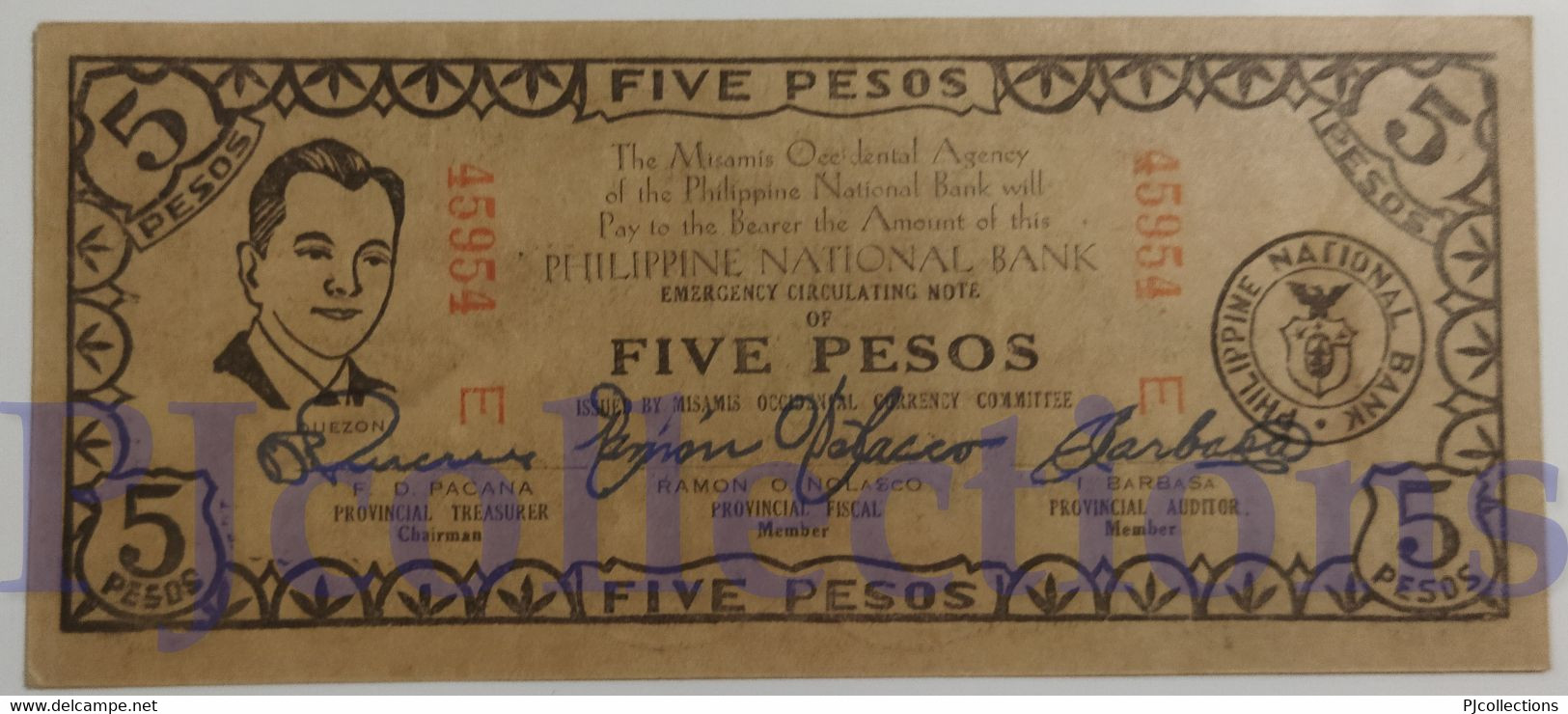 PHILIPPINES 5 PESOS 1942 PICK S578a AUNC EMERGENCY BANKNOTE - Philippines