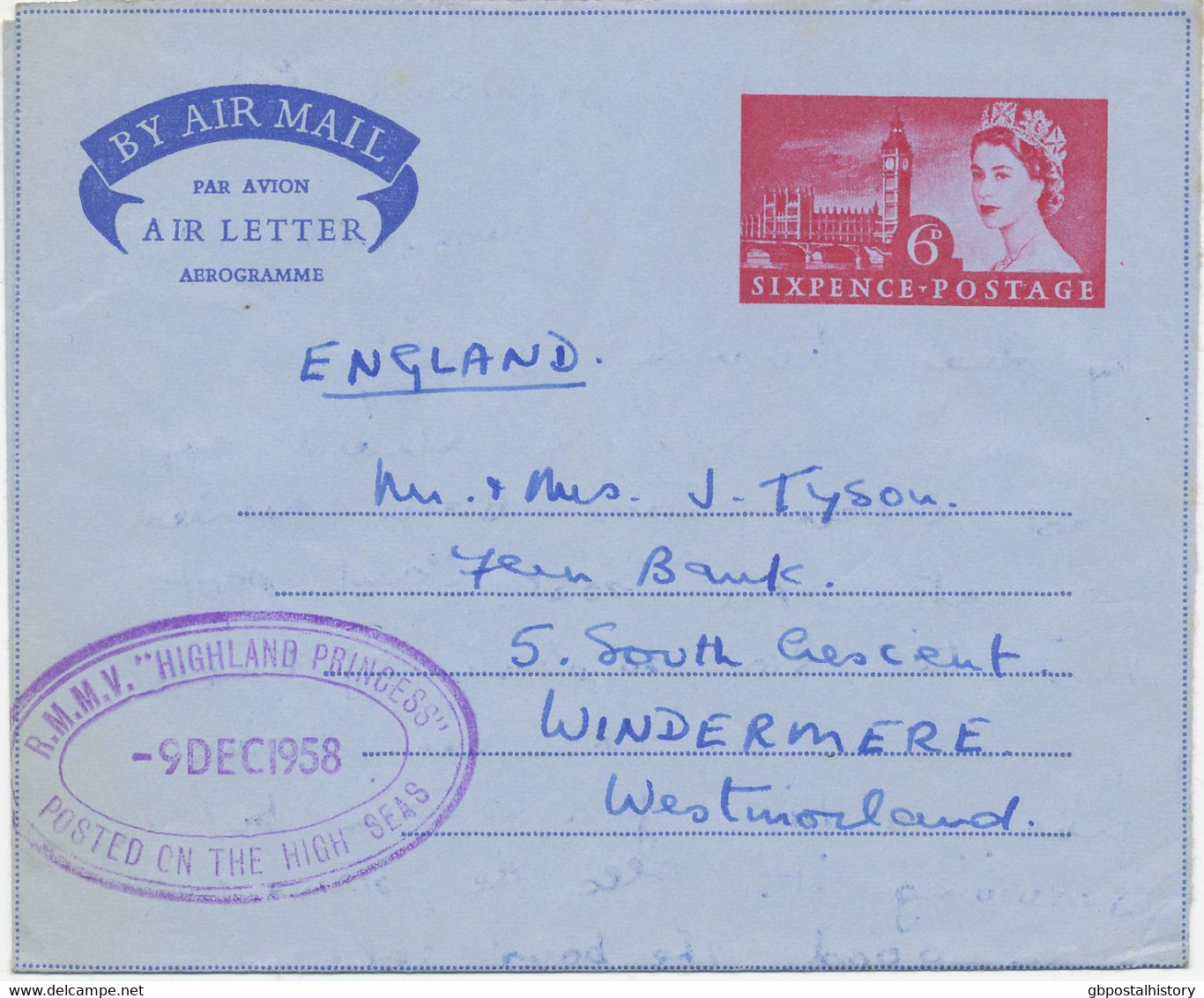 GB 1958, QEII 6d Parliament Aerogram - Combination Of Ship Mail And Air Mail With R.M.M.V. "HIGHLAND PRINCESS" - POSTED - Briefe U. Dokumente