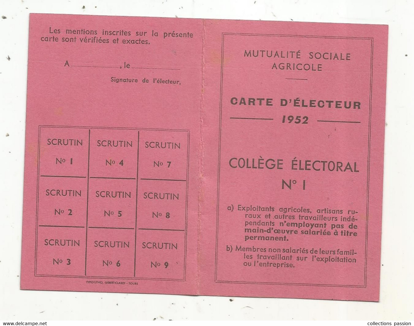 JC, Carte D'électeur ,1952 , Mutualité Sociale Agricole , Collége électoral N° 1 , NOUATRE,  Indre Et Loire, 2 Scans - Ohne Zuordnung