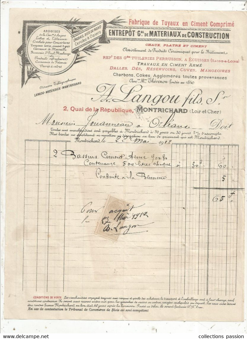 Facture , Entrepôt Général De Matériaux De Construction , A. LANGOU Fils Successeur , MONTRICHARD , 1912, Timbrée - 1900 – 1949