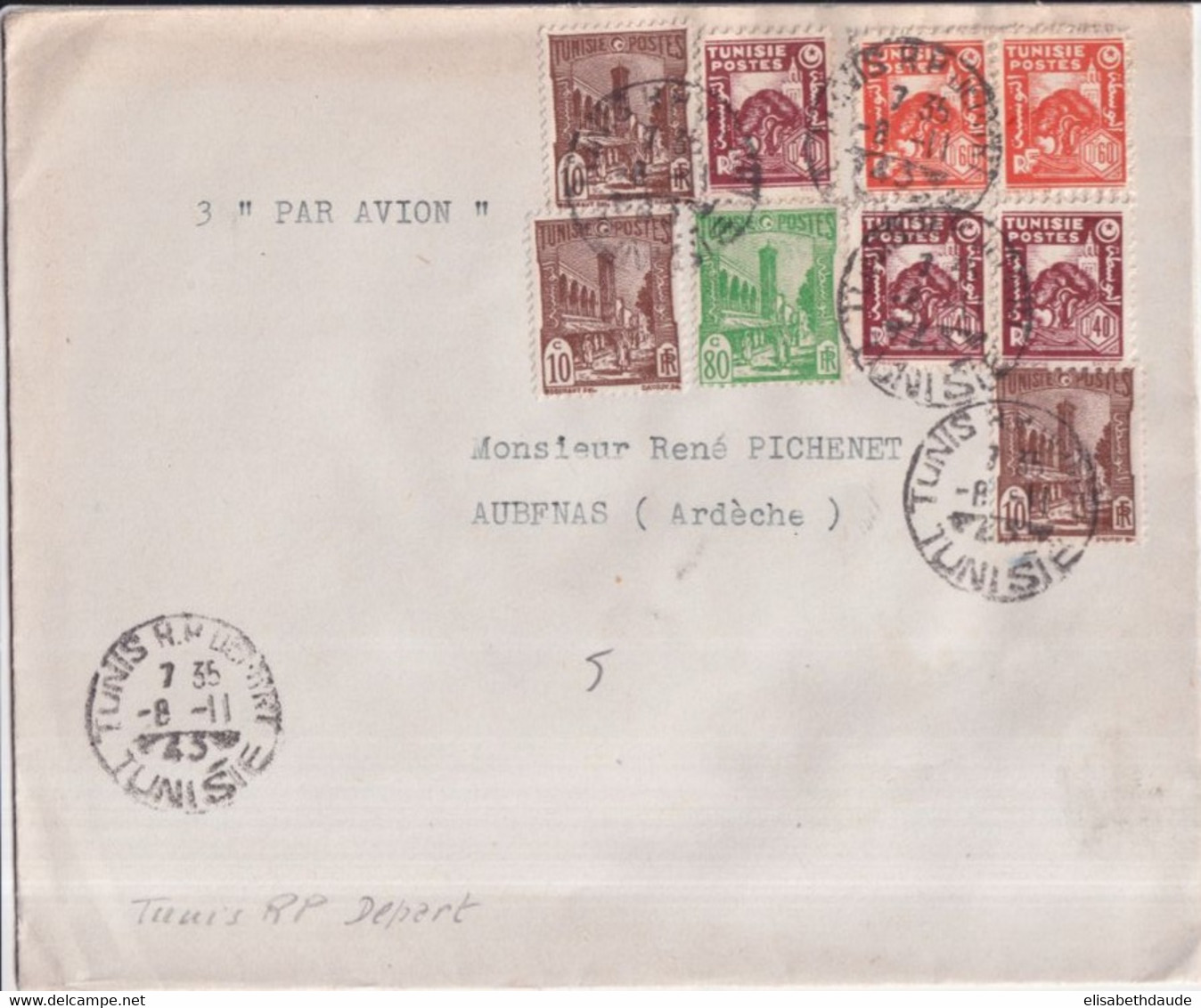 TUNISIE - 1945 - ENVELOPPE Par AVION De TUNIS => AUBENAS - Lettres & Documents