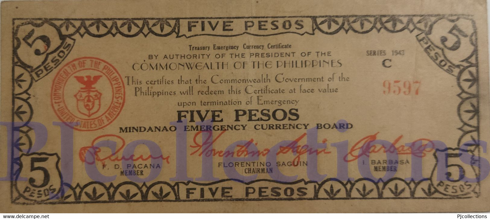 PHILIPPINES 5 PESOS 1943 PICK S487c VF RARE EMERGENCY BANKNOTE - Philippines