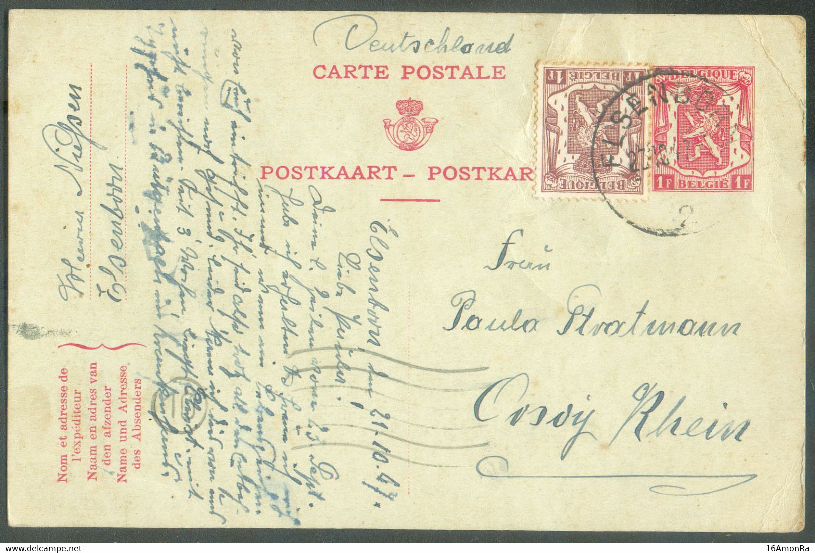 CANTON De L'EST E.P. Carte TRILINGUE Lion Petit Sceau + Tp 1Fr. Obl. Sc ELSENBORN 23.10.1947  Vers Cosdy Rhein.  -  1963 - Postcards 1934-1951