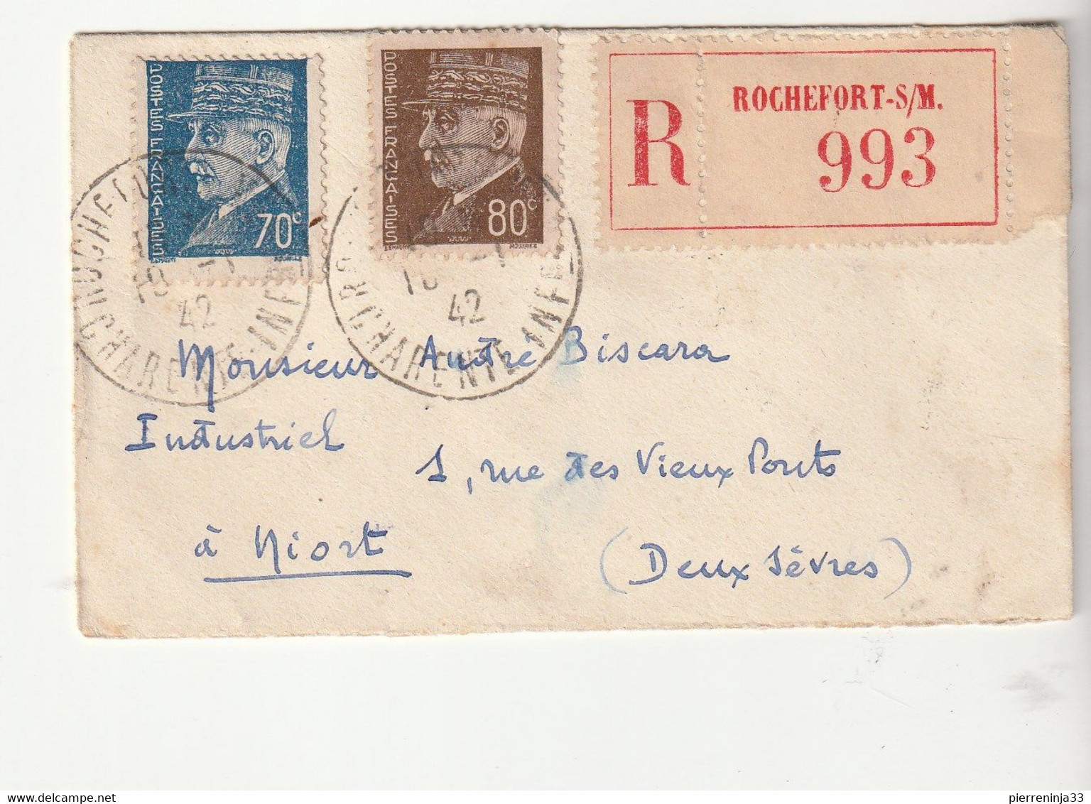 Lettre Recommandée Format Carte De Visite Rochefort , 1942, Timbres Pétain Et Iris - Briefe U. Dokumente