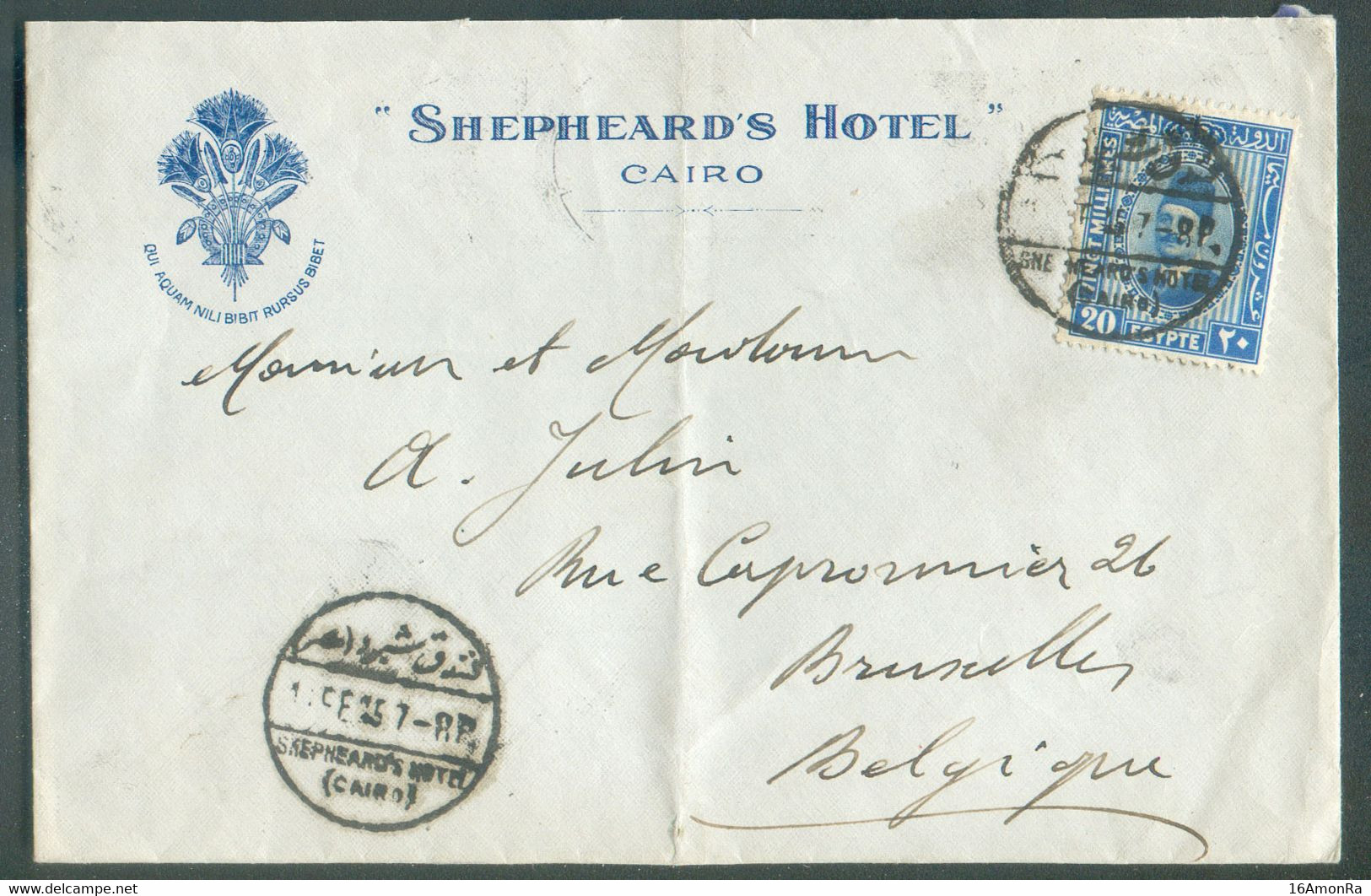 20p/ FOUAD KING Obl. Sc SHEPEARD'S HOTEL (CAIRO) Sur Lettre à En-tête De L'Hôtel (Qui Aram Nili Bibit Rursus Bibit - Qui - Brieven En Documenten