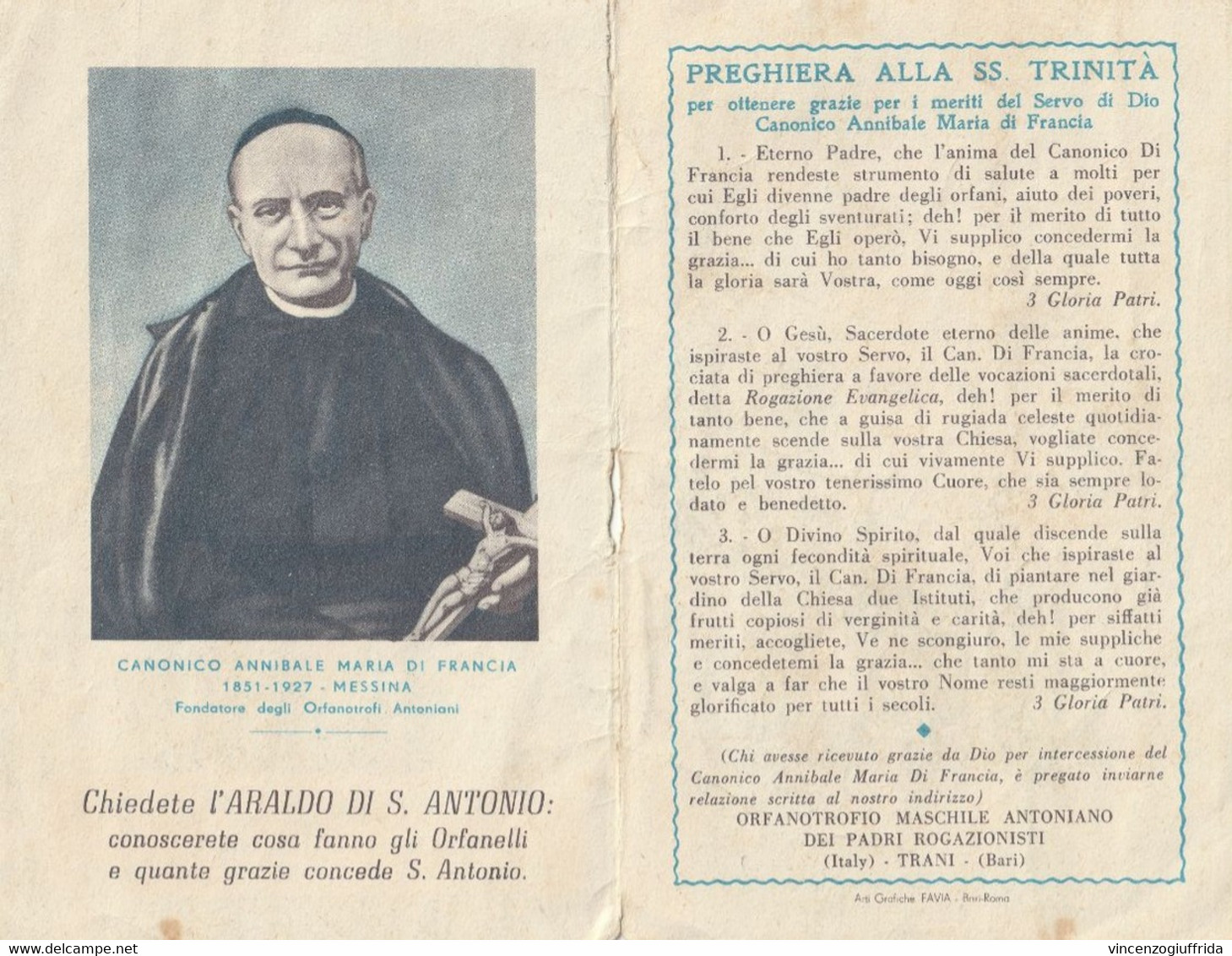 Santino Holy Card Libretto Il Pane Di San Antonio Orfanelli Di Trani. - Santons
