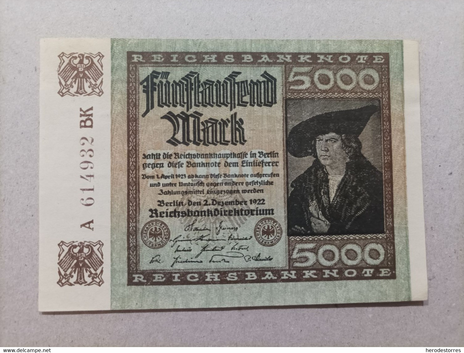 Billete De Alemania De 5000 Mark, Año 1922, Serie A, UNC - 5000 Mark
