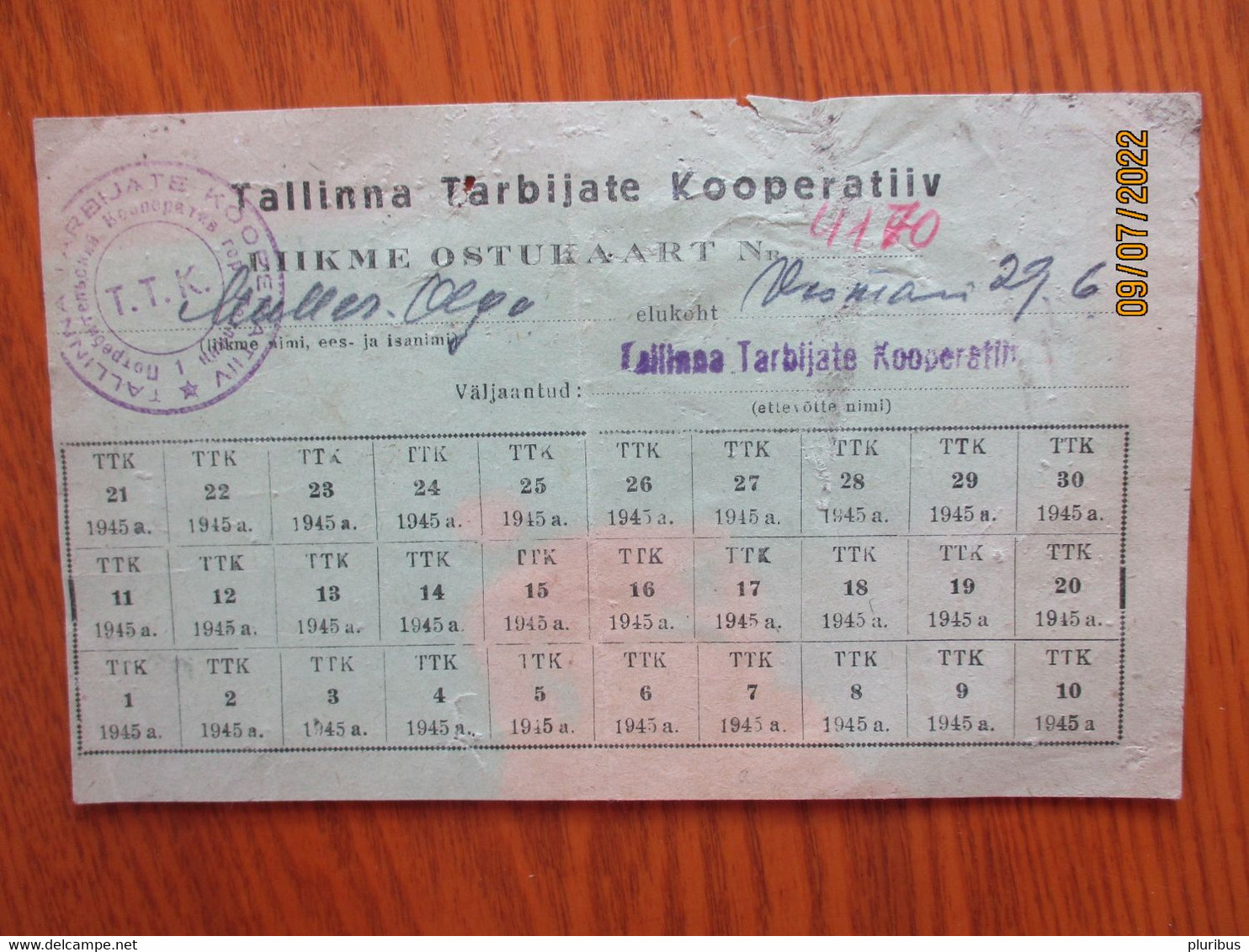 ESTONIA RUSSIA USSR WW II 1945 TALLINN CONSUMATION RATION CARD ,0 - Estonia