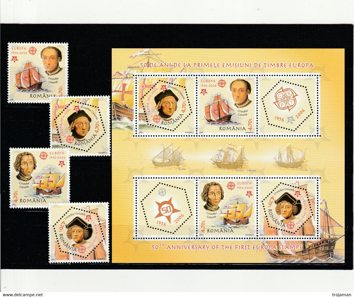 ROMANIA 2005. 50th Anniversary Of European Stamps (2006).Christoph Columbus MNH**MICHEL  5974 - 5977A+B+Bloc 360. = 53e. - Cristóbal Colón