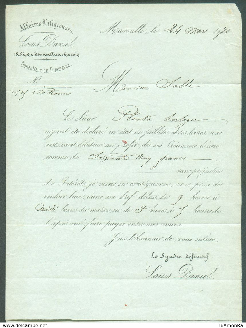 FRANCE 10 Cent. NAPOLEON LAURE Sur Lettre De MARSEILLE 24 Mars 1870 Afaires Litigieuses Louis Daniel Concernant La Faill - Horlogerie