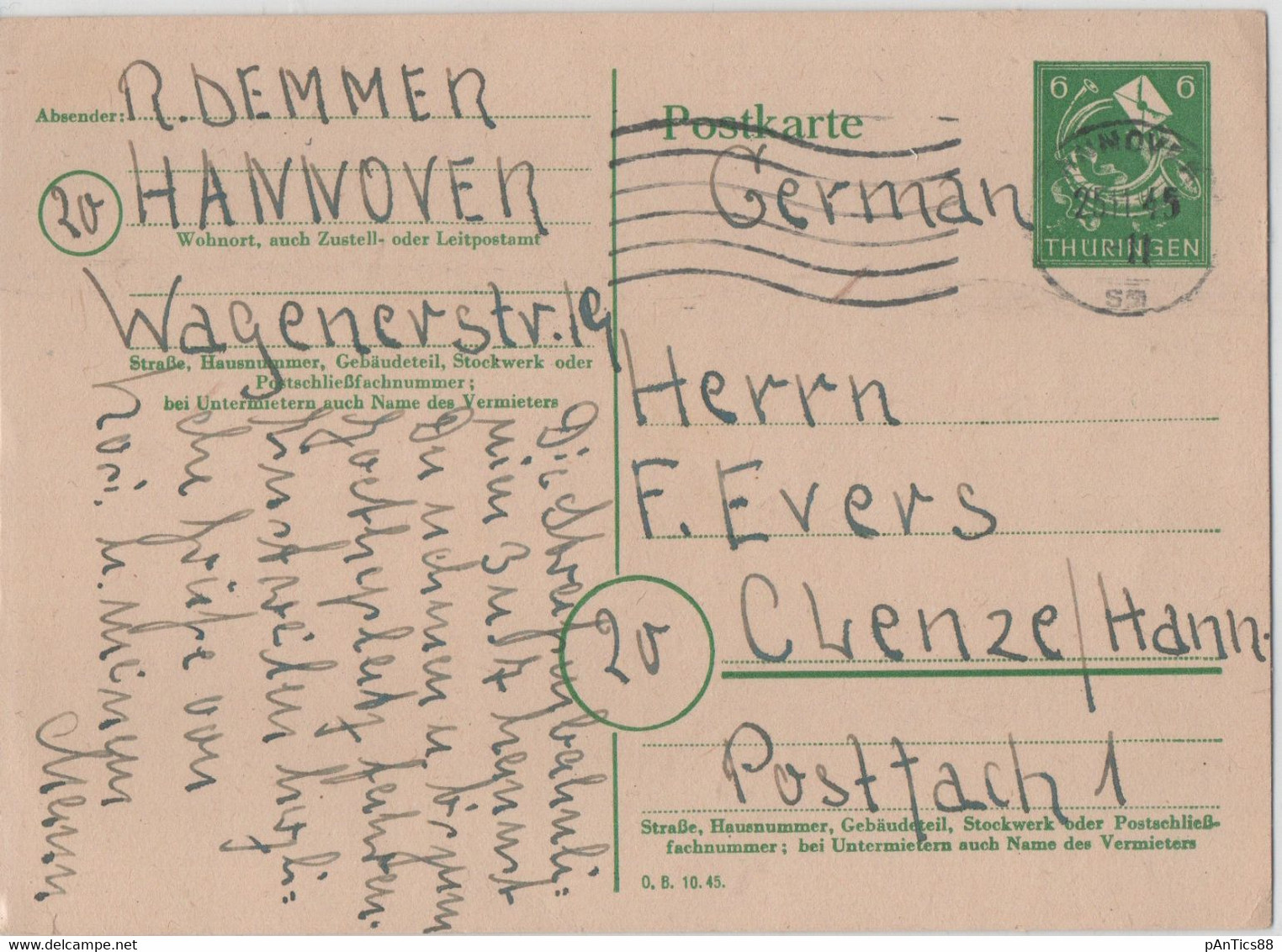 Germany SOVIET Zone THUERINGEN 1945 Stationary Card 6 Pf, Cancel/Stempel HANNOVER-CLENZE - Other & Unclassified