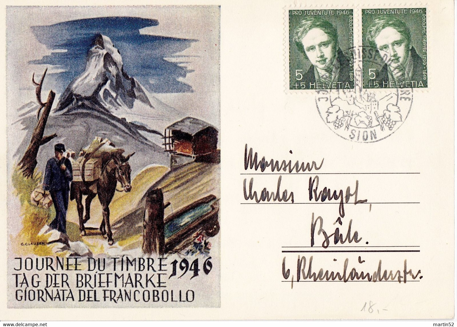 Schweiz 1946: Bild-PK CPI Rodolphe Toepffer Zu WI 117 Mi 475 Yv 433 O JOURNÉE SUISSE DU TIMBRE 8.XII.46 SION (Zu 14.00) - Donkeys