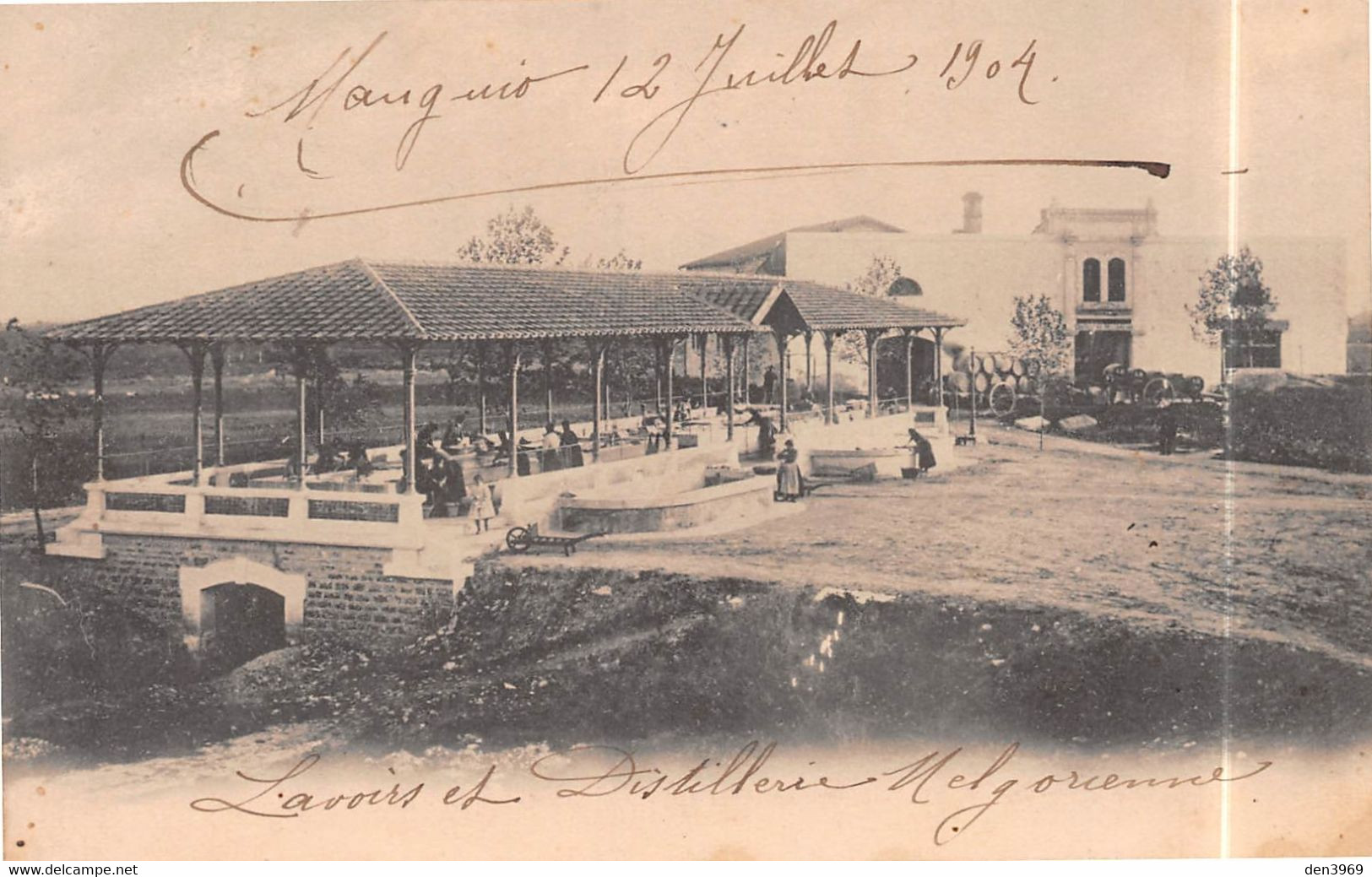 MAUGUIO (Hérault) - Lavoir Et Distillerie Melgorienne, 12 Juillet 1904 - Laveuses, Lavandières - Cachet Points Boisseron - Mauguio